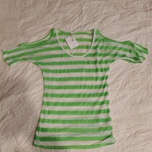 NWT Green and White Striped Women's Top Exposed Shoulders sz Small